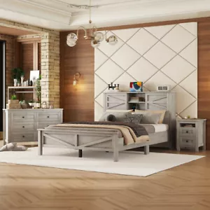 3 Pieces Bedroom Sets Queen Size Platform Bed w Door, Nightstand & Dresser, Gray - Picture 1 of 21