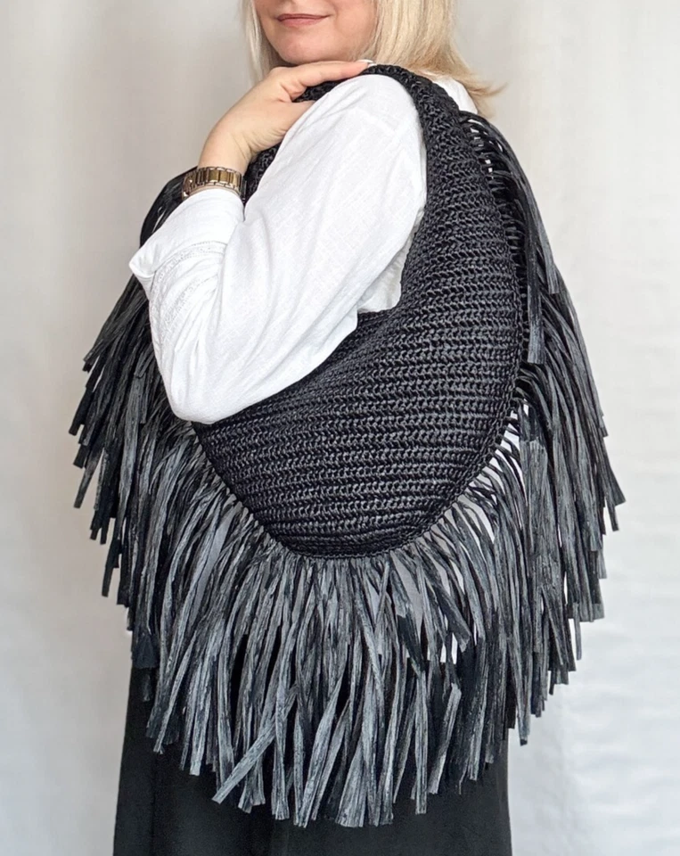 Bolso Hobo con Flecos de Rafia Natural, Bolso de Hombro con Flecos, Bolso en Forma de Media Luna Foto 1 de 4