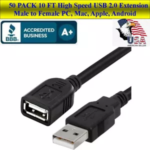 PAQUETE DE 50 cables de extensión USB 2.0 de alta velocidad de un macho a una hembra 10 pies pc, teléfono - Imagen 1 de 7