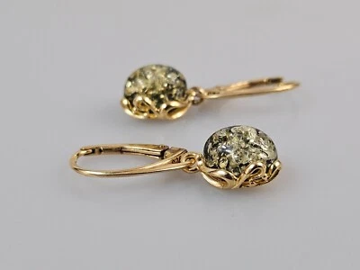 Grun Bernstein Ohrringe Vergoldet 925 Ohrhanger Kleine Ohrschmuck - Bild 1 von 4