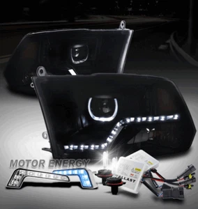 FOR 09-18 RAM MONO-EYE HALO LED BLK/SMOKE PROJECTOR HEADLIGHT+BLUE DRL+6000K HID - Picture 1 of 4