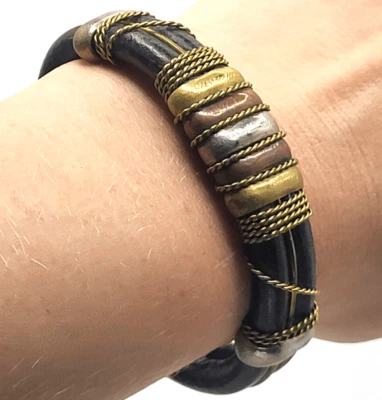 Artisan Handmade Genuine Leather, Brass, Copper and Silver Cuff Bracelet 7.5 in - Image 1 of 4