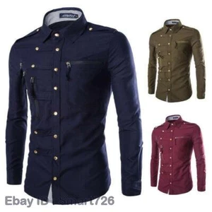 Casual Slim Fit Double Breasted Personality Shirt Long Sleeves Blouses Tops Mens - Picture 1 of 25