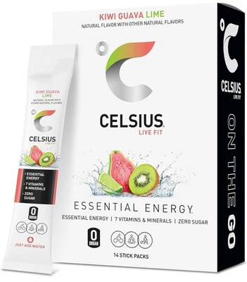 Pacote com 14 palitos de cafeína CELSIUS Kiwi goiaba limão em movimento - Imagem 1 de 2