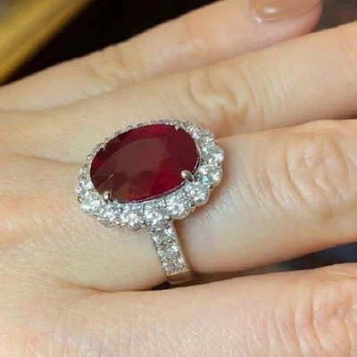 6.80Ct Oval Cut Natural Ruby Diamond Engagement Ring Solid 14K White Gold Size 6 - Image 1 of 4
