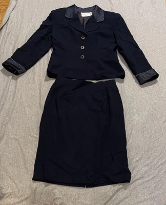Vintage Albert Nipon Skirt Suit Set Womens Sz 12 100% Wool Dark Navy - Image 1 of 4