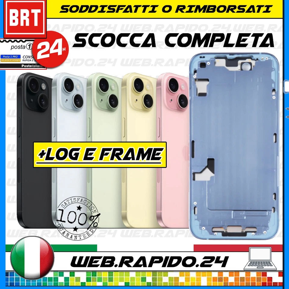 BACK COVER SCOCCA POSTERIORE VETRO+FRAME+ BIADESIVO COMPLETA PER APPLE IPHONE 15