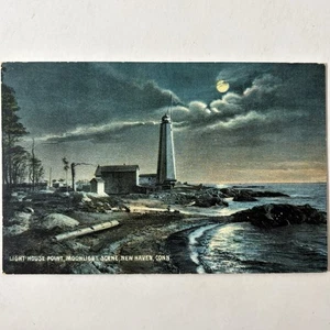Antigua postal New Haven CT Light House Point Moonlight Scene Old Connecticut - Imagen 1 de 2