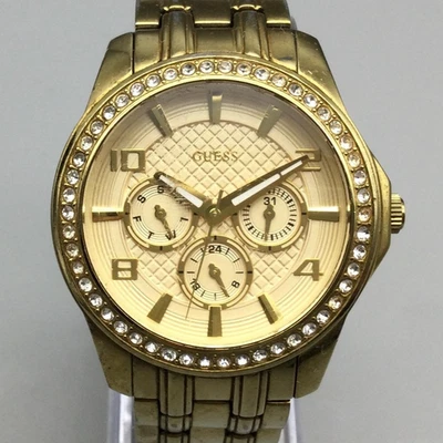 Guess Waterpro Watch Mens 40mm Gold Tone Crystals Stainless New Battery 7.25" - Image 1 of 4