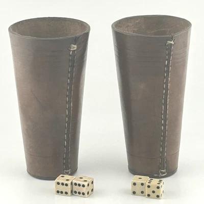 Antique Stitched Leather Dice Shaker Cups and 4 x Antique Hand Carved Dice 19thC - Image 1 of 4