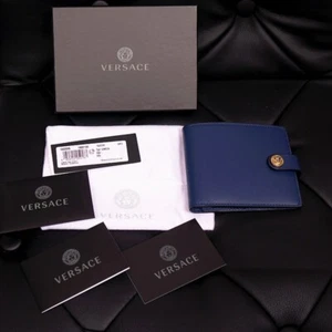 NEW $550 VERSACE Blue Leather GOLD MEDUSA LOGO Snap Closure Bi-Fold WALLET NIB - Picture 1 of 15