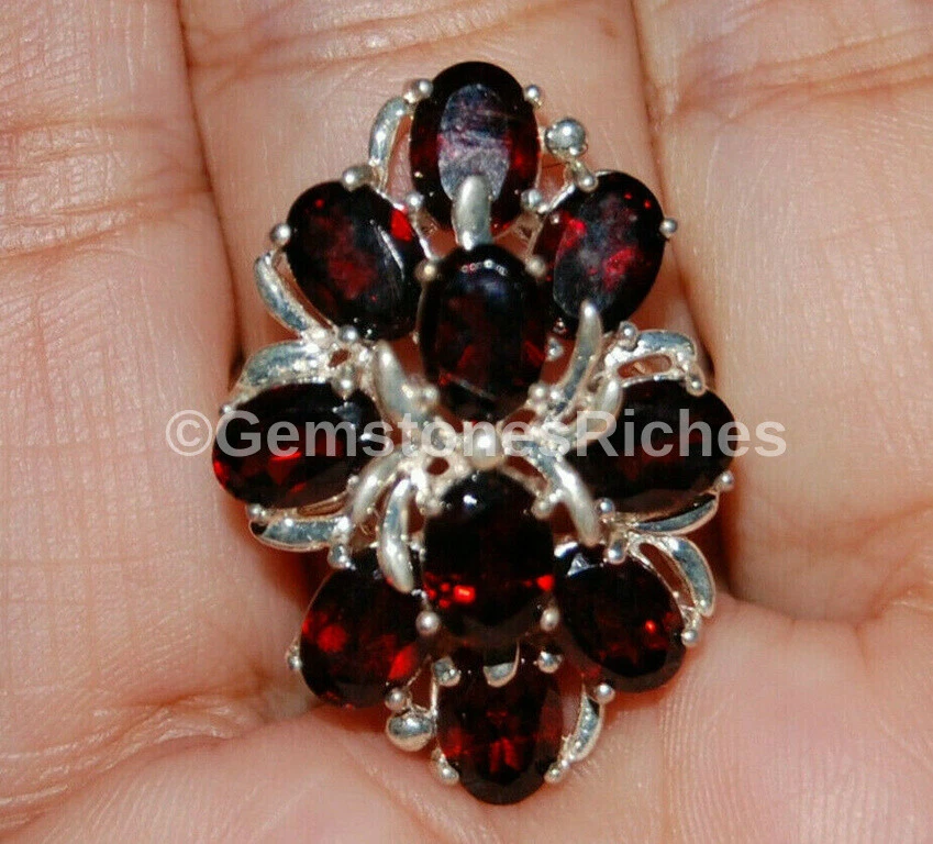 Anillo de plata de ley 925 granate piedras preciosas banda de flores cóctel talla 9 Foto 1 de 4