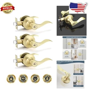 3 Pack Satin Brass Door Handles with Key - Elegant Entry & Interior Locks - Picture 1 of 11