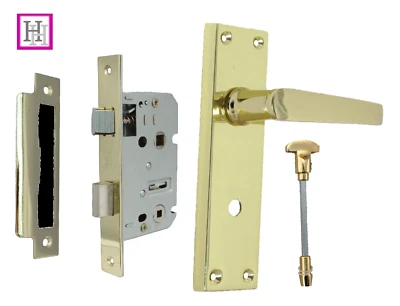 Bathroom Door Handle Brass Finish Lever Straight Handles Internal & Bath Lock - Image 1 of 4