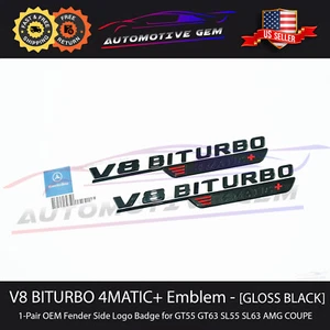 OEM V8 BITURBO 4MATIC+ Fender Emblem BLACK AMG Badge Mercedes GT55 SL55 SL63 - Picture 1 of 1
