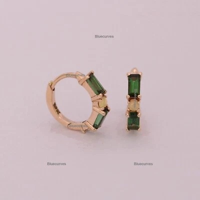 Pendientes de aro de diamantes de turmalina verde natural y ópalo de 4x2 mm de oro macizo de 14 k Foto 1 de 4