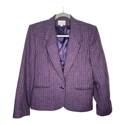Chaqueta Blazer The Villager Vintage Lana Púrpura Cuadros Forrada Cuello Muesca Talla 10 Foto 1 de 4