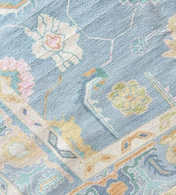 Modern Oushak Hand Knotted 8x10 Sky Blue 100% Wool Floral Rug for Home & Office - Image 1 of 4