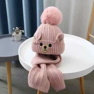 Pink Snuggle Bear Hat & Scarf Set - Cozy Winter Gift for Kids, Cute & Warm! - Picture 1 of 3