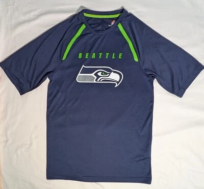 西雅图海鹰队足球青少年 T 恤小号 Majestic Cool Base 蓝色 — 第 1/4 张图片