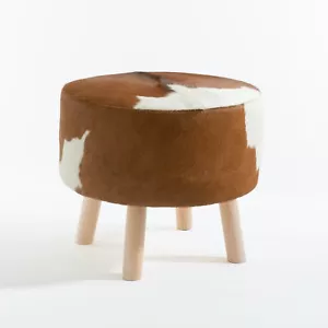 Round genuine cowhide ottoman, brown and white, 21" diameter x 18" handcrafted - Picture 1 of 5