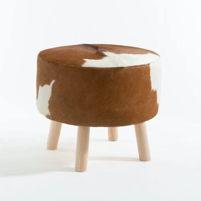 Round genuine cowhide ottoman, brown and white, 21" diameter x 18" handcrafted - Image 1 of 4