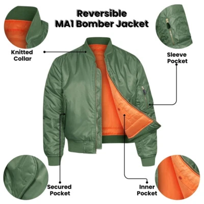 Bomber Jacket MA1 Flight Pilot US Air Force Military Padded Biker Coat Olive - Image 1 of 4