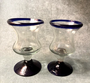Cobalt Glasses Goblets Blue Rim Mexico Small 6" Hand Blown Set of 2 Vintage (A) - Picture 1 of 6