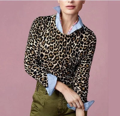 Suéter Pullover J.CREW Factory Leopard XS Cuello Redondo Marrón Crema Negro Tejido Foto 1 de 4