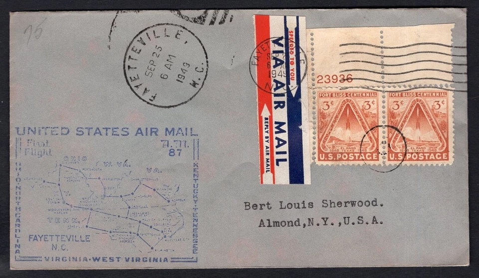 USA Fayetteville NC 1949 First Flight Cover. Airmail Etiquette Label - Image 1 of 2