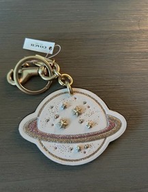 COACH NASA SATURN CHALK/MULTI LEATHER BAG CHARM KEY RING FOB #27652 NWT RARE.