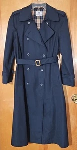 Nordstrom Vintage 80's Trench Coat Womens Petite 10 Navy Blue Long Belted 10P - Picture 1 of 7