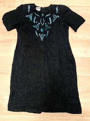 Vestido Jaisgumo Vintage 100% Seda Negro Cuentas con Diseño Azul/Verde - Talla M Foto 1 de 4