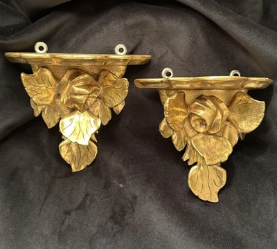 Пара винтажных итальянских позолоченных деревянных роз 1940-х настенные кронштейны полки - Изображение 1 из 4