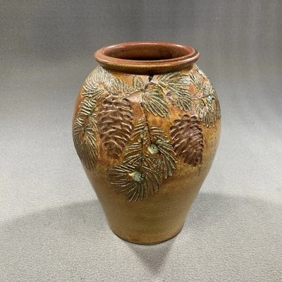 Kesler irdische Kunstkeramik Intarsien Tannenzapfen Vase Asche glasiert Künstler signiert 8" H - Bild 1 von 4