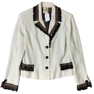 Chaqueta de punto de tweed St. John Couture crema blanco roto lana/rayón flecos talla M usada en excelente estado - Imagen 1 de 19