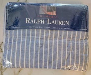 NOS - Vintage Ralph Lauren Chambray  Blue & White Stripe Flat Sheet-Twin [1145] - Picture 1 of 3