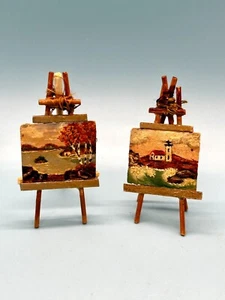 Pair Of Dollhouse Miniature Paintings On Easels - Picture 1 of 7