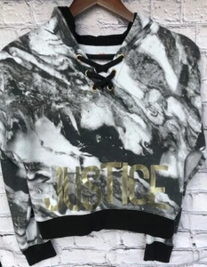 JUSTICE Girl's Hoodie Jacket Size 12 Hooded Cotton Blend Black Marbled EUC - Picture 1 of 6
