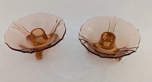 2 Vintage 1930s Liberty Works Paula Pink Depression Glass Footed Candle Holders - Picture 1 of 5