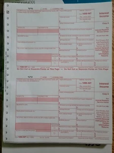 2024 IRS Tax Form 1099-INT single sheet set for 2 recipients carbonless 5-pt 2up - Picture 1 of 1