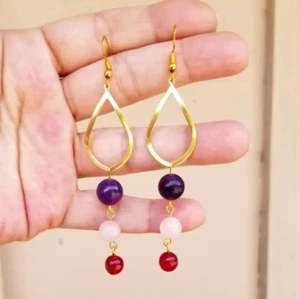 Orecchini a goccia oro, orecchini quarzo rosa, orecchini ametista, giada rubino - Foto 1 di 5