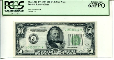 Fr 2102-J* STAR 1934 $50 Federal Reserve 63 PPQ CHOICE NEW - Image 1 of 2