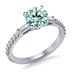 3.20 Ct Vvs1+Blue White Real Round Moissanite Diamond & Baguette Silver Ring - Picture 1 of 5