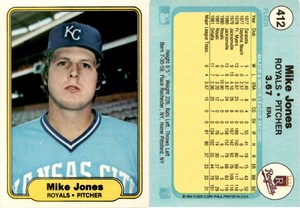 Mike Jones 1982 Fleer Baseball Card 412  Kansas City Royals