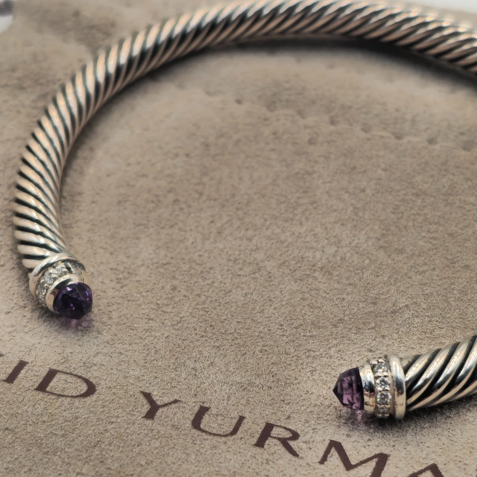 David Yurman Cable Classic Bracelet Amethyst Diamonds Sterling Silver 5mm - Image 1 of 4