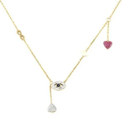 Gold Crystal Eye Heart Charm Necklace Pendant Style Rhinestone Chain Jewelry - Image 1 of 2