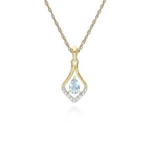 Klassischer Birne Aquamarin & drei Diamantblatt Halo Anhänger in 9ct Gelbgold - Bild 1 von 1