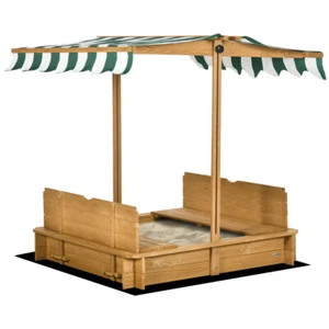 Wooden Kids Sandbox with Cover, Foldable Bench Seats, Adjustable Canopy, Brown - Picture 1 of 11