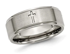 Mens Brushed Ridged Cross Titanium Wedding Band ring (8mm) - Picture 1 of 5